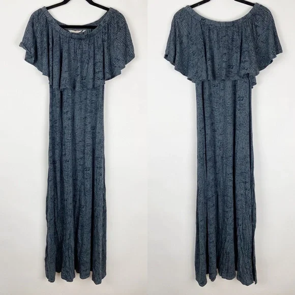SOFT SURROUDINGS Gray Print Off Shoulder Maxi Dress 2AN32 - Size S - Picture 2 of 5